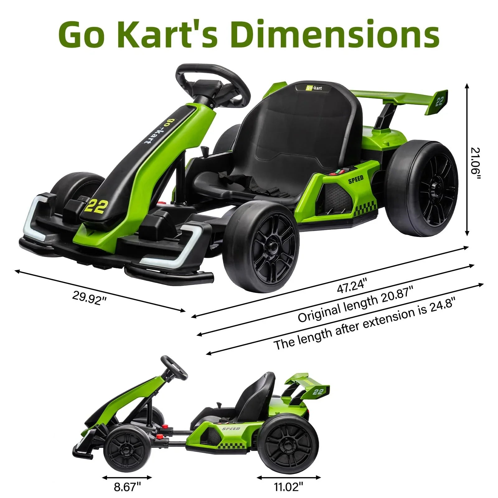 24V Electric Go Kart, with 300W Strong Motor, Drift/Sport Mode, Big Battery, Eva Tire,Length Adjustmen for Outdoor Racing Toy-Green 11