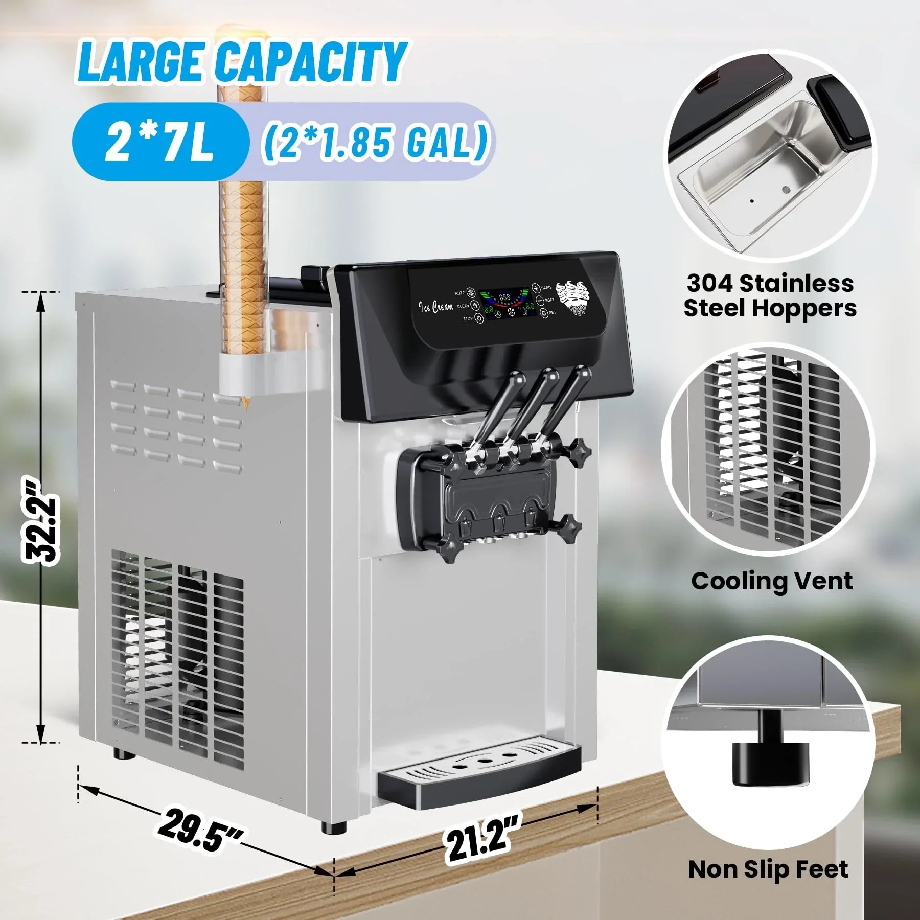 2200W Commercial Ice Cream Machine, 3 Flavor Soft Serve Ice Cream Machine, 5.3-7.4 Gal/Hr, with LCD Touch Screen, Automatic Cleaning, High Productivity for Home Snack Bar & Restaurants 13