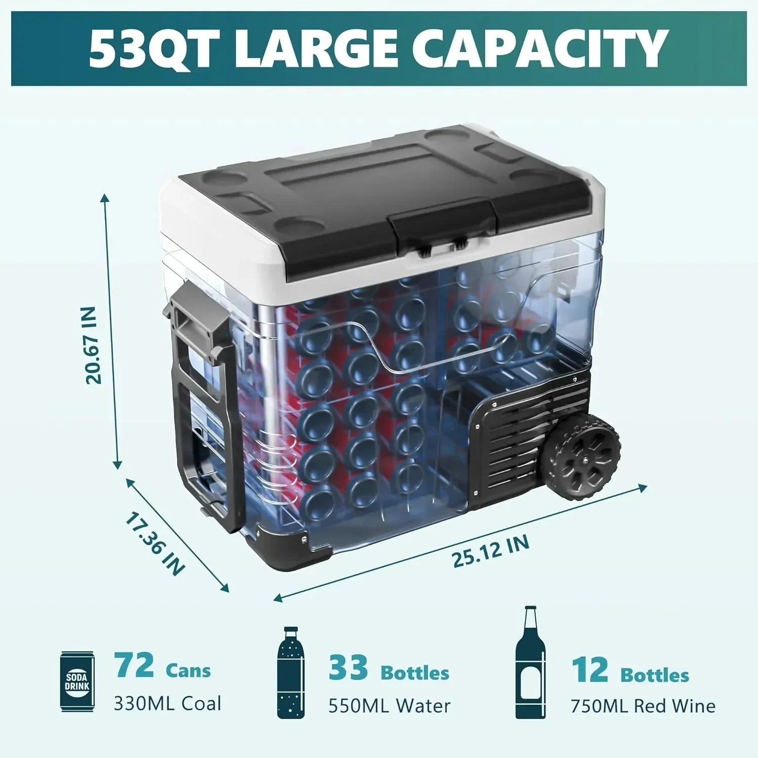 53QT Portable 12V Refrigerator Freezer, Dual Zone Electric Cooler with Wheels, 12V/24V DC & 110-240V AC for Travel, Truck, Boat, Camping 17