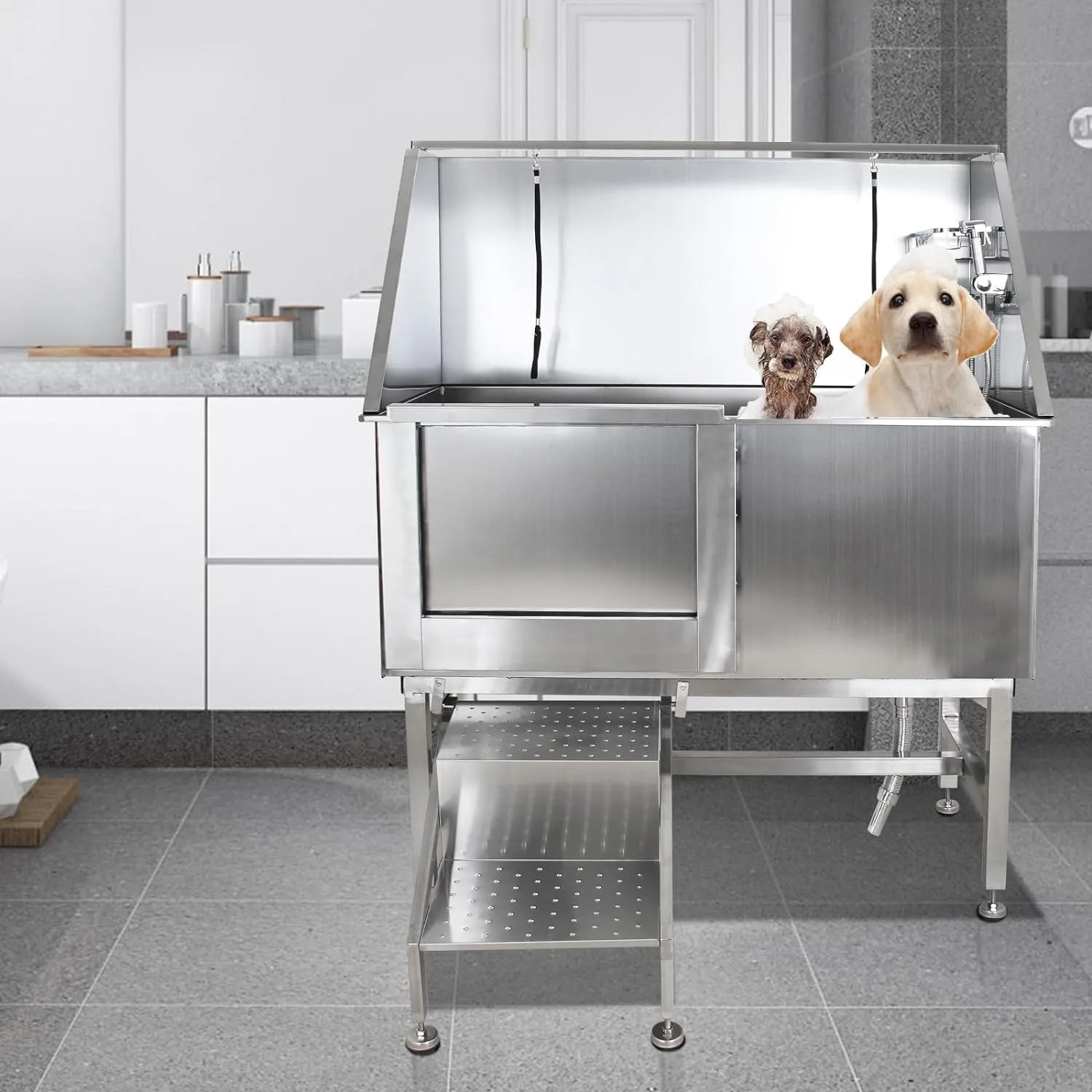 50" Dog Wash Bathtub, Pet Wash Station, Professional Stainless Steel Dog Grooming Tub with Ramp, Faucet, Sprayer, Drain Kit, Right Door 3