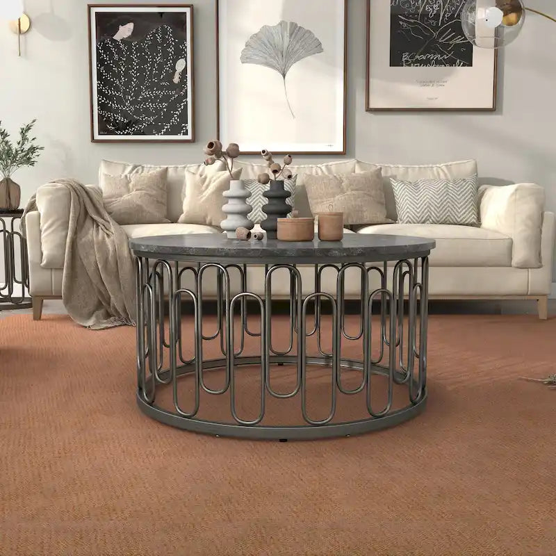 Lars Contemporary Round Coffee Table with Marble Top and Sturdy Metal Base by Furniture of America 2