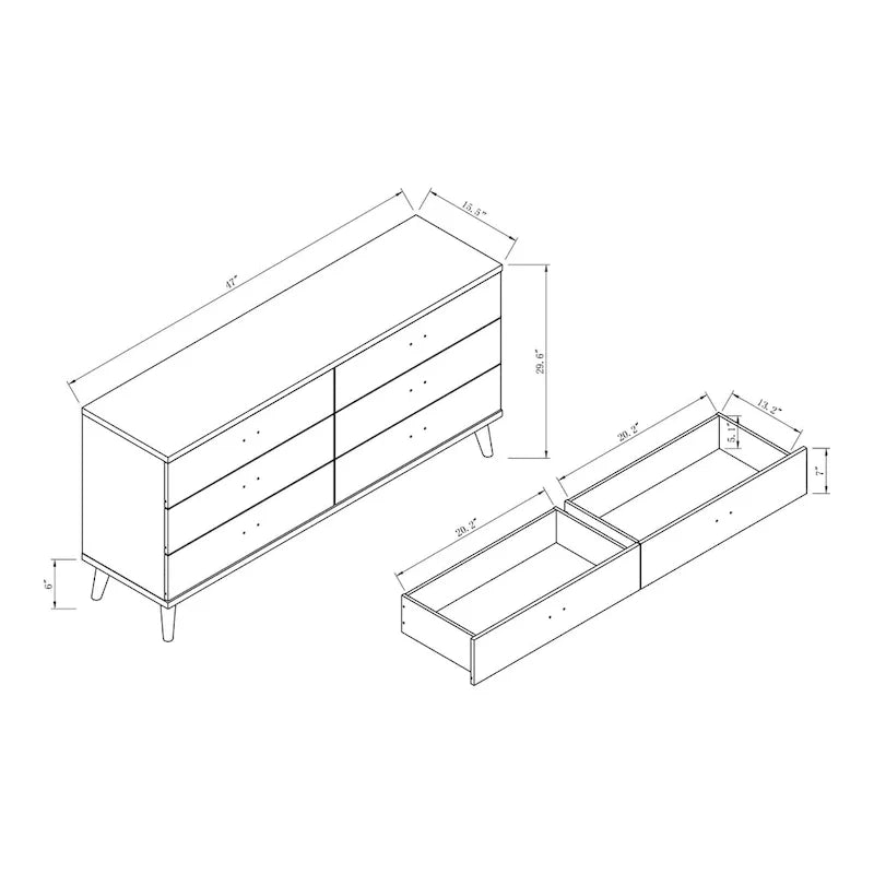 Denhour DH BASIC 47-Inch Wide Mid-Century Modern Distressed Grey 6-Drawer Dresser with Knobs 3