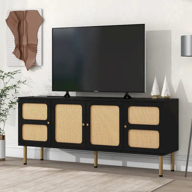 Bohemian Country Wood and Rattan TV Stand Media Console Storage Cabinet - Dimensions: 16.9" x 64.9" x 28.3" 1