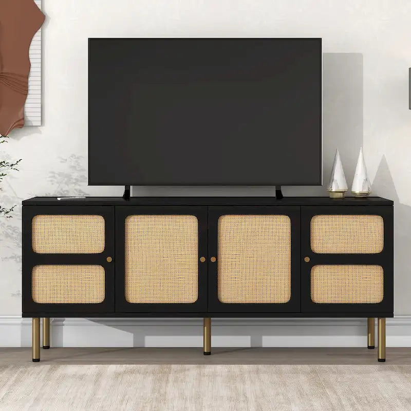 Bohemian Country Wood and Rattan TV Stand Media Console Storage Cabinet - Dimensions: 16.9" x 64.9" x 28.3" 2