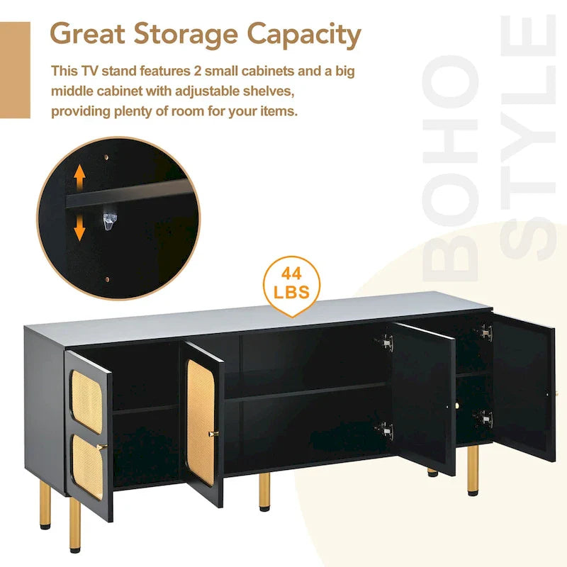 Bohemian Country Wood and Rattan TV Stand Media Console Storage Cabinet - Dimensions: 16.9" x 64.9" x 28.3" 4