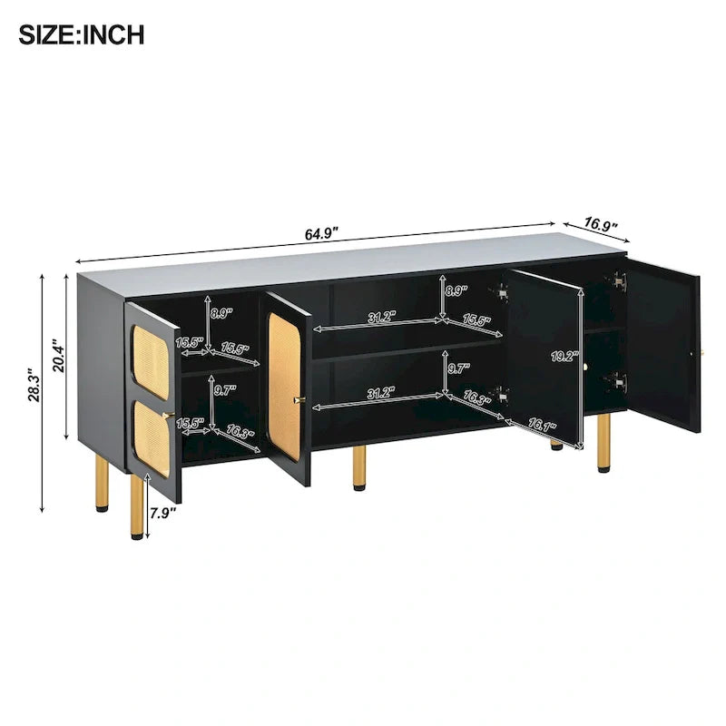 Bohemian Country Wood and Rattan TV Stand Media Console Storage Cabinet - Dimensions: 16.9" x 64.9" x 28.3" 7