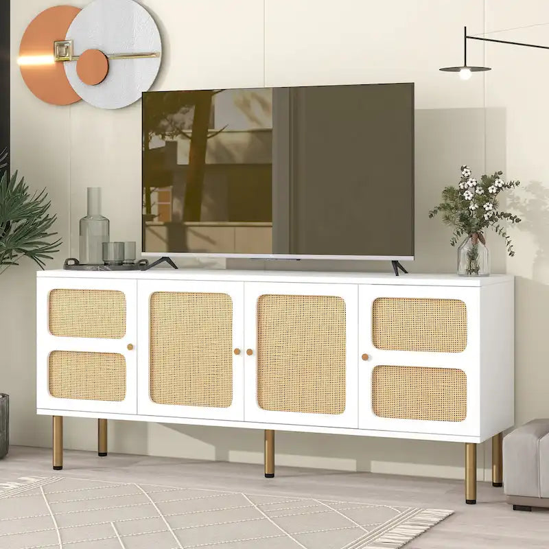 Bohemian Country Wood and Rattan TV Stand Media Console Storage Cabinet - Dimensions: 16.9" x 64.9" x 28.3" 10