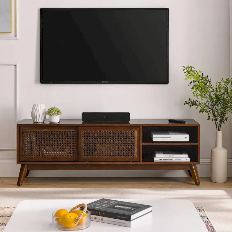 Mid Century TV Stand with Rattan Sliding Doors and Open Shelves