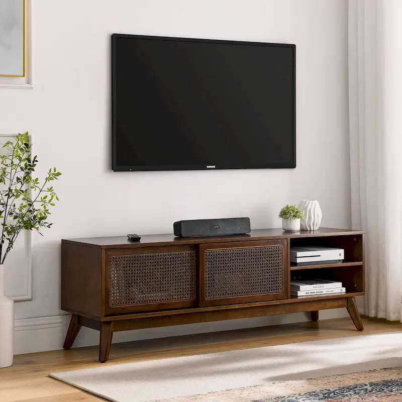 Mid Century TV Stand with Rattan Sliding Doors and Open Shelves 3