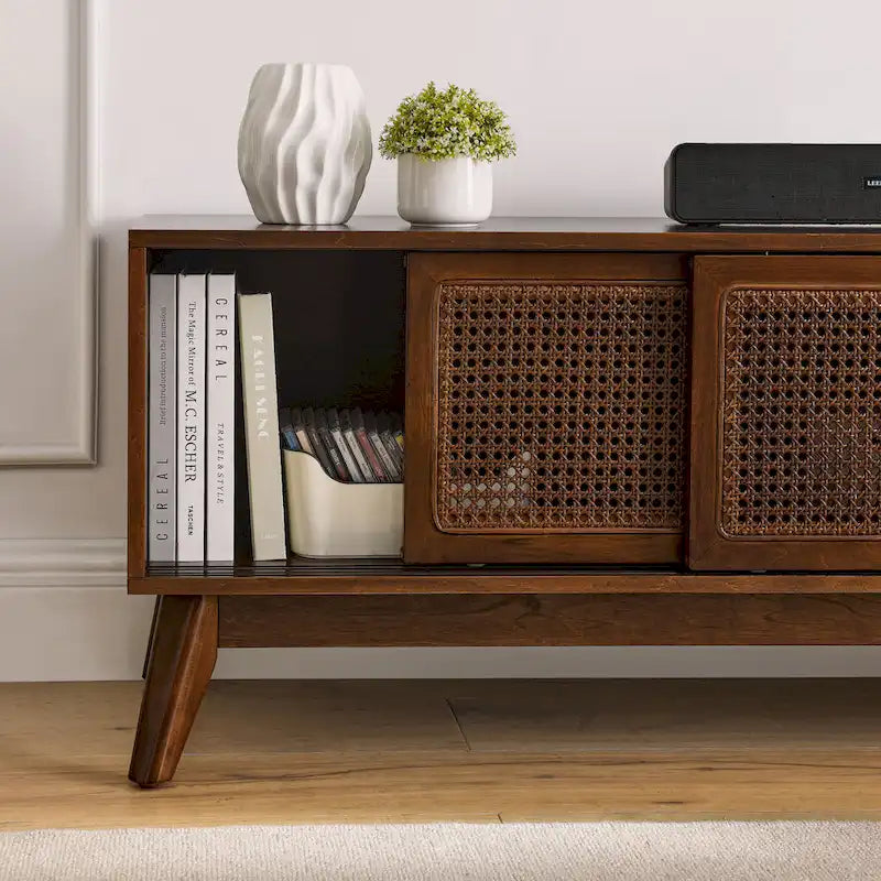 Mid Century TV Stand with Rattan Sliding Doors and Open Shelves 4