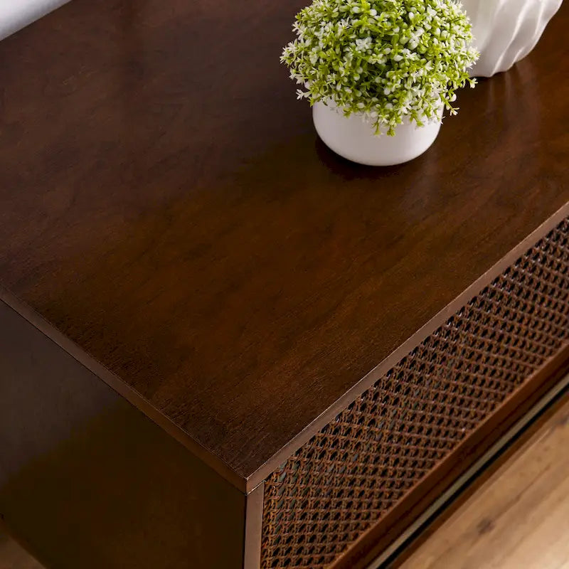 Mid Century TV Stand with Rattan Sliding Doors and Open Shelves 6