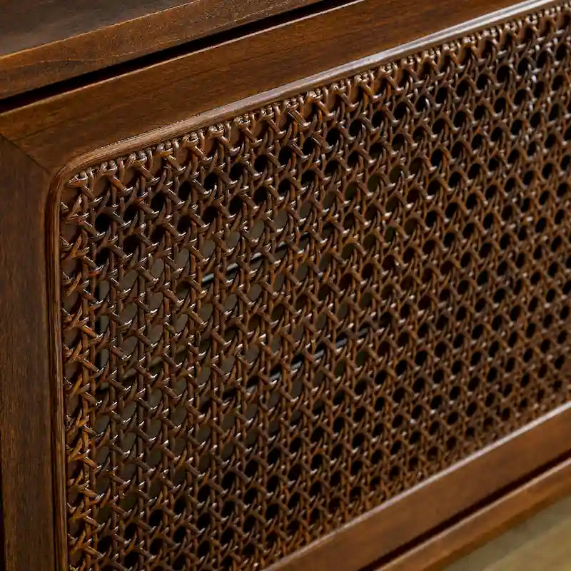 Mid Century TV Stand with Rattan Sliding Doors and Open Shelves 7