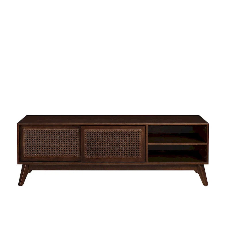 Mid Century TV Stand with Rattan Sliding Doors and Open Shelves 9