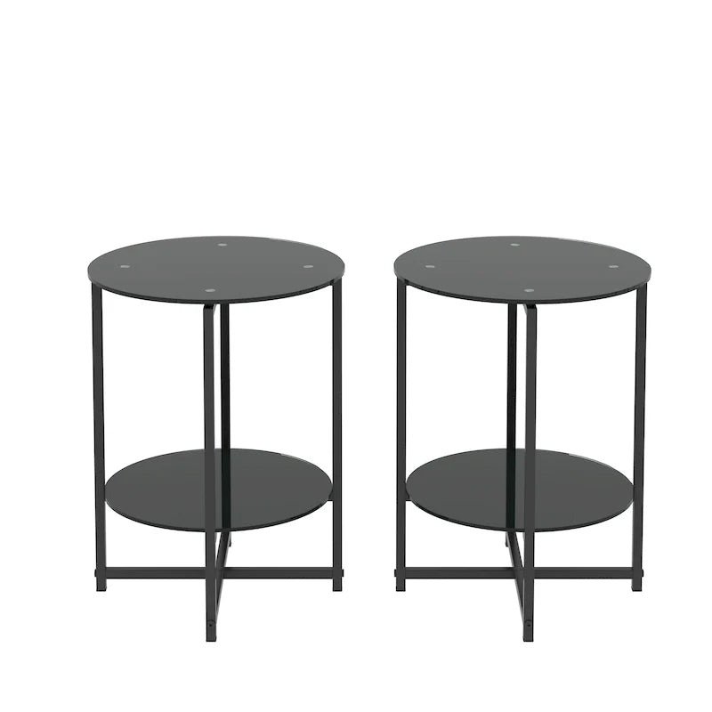 Black 2-Piece Tempered Glass End Table Set - Round Coffee Table for Bedroom, Living Room, and Office 14