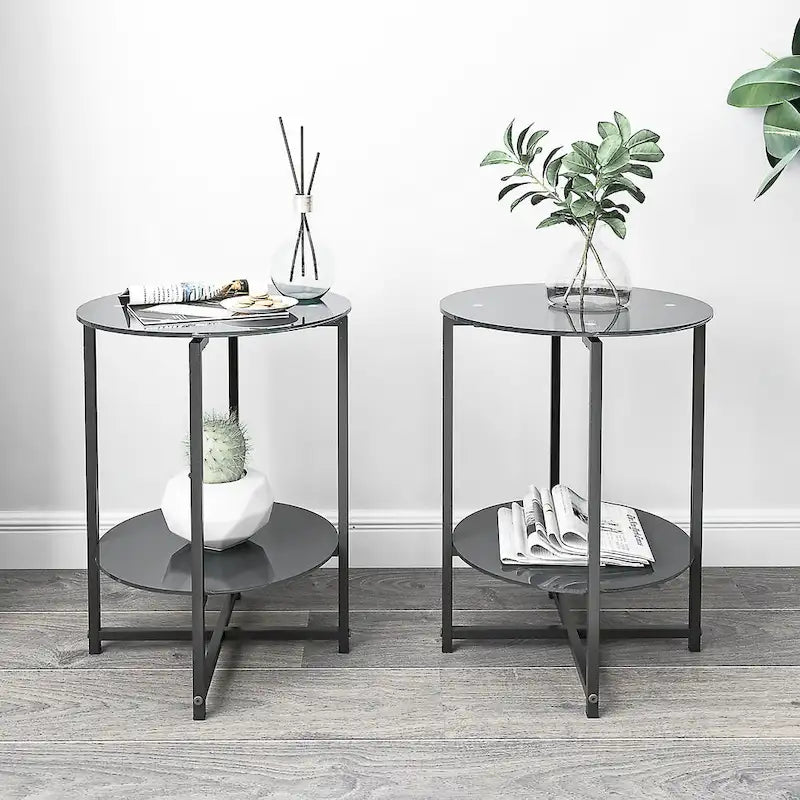 Black 2-Piece Tempered Glass End Table Set - Round Coffee Table for Bedroom, Living Room, and Office 1