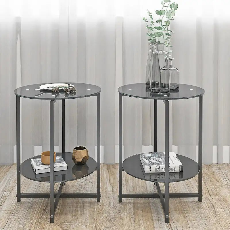 Black 2-Piece Tempered Glass End Table Set - Round Coffee Table for Bedroom, Living Room, and Office 2