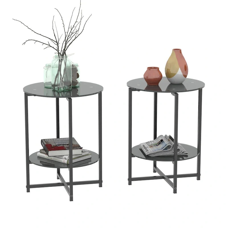 Black 2-Piece Tempered Glass End Table Set - Round Coffee Table for Bedroom, Living Room, and Office 3