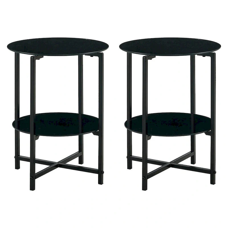 Black 2-Piece Tempered Glass End Table Set - Round Coffee Table for Bedroom, Living Room, and Office 4