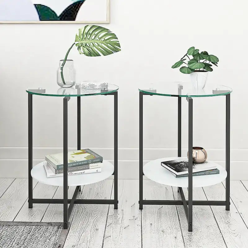 Black 2-Piece Tempered Glass End Table Set - Round Coffee Table for Bedroom, Living Room, and Office 6