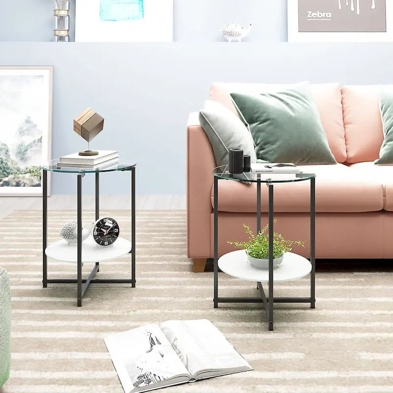 Black 2-Piece Tempered Glass End Table Set - Round Coffee Table for Bedroom, Living Room, and Office 7