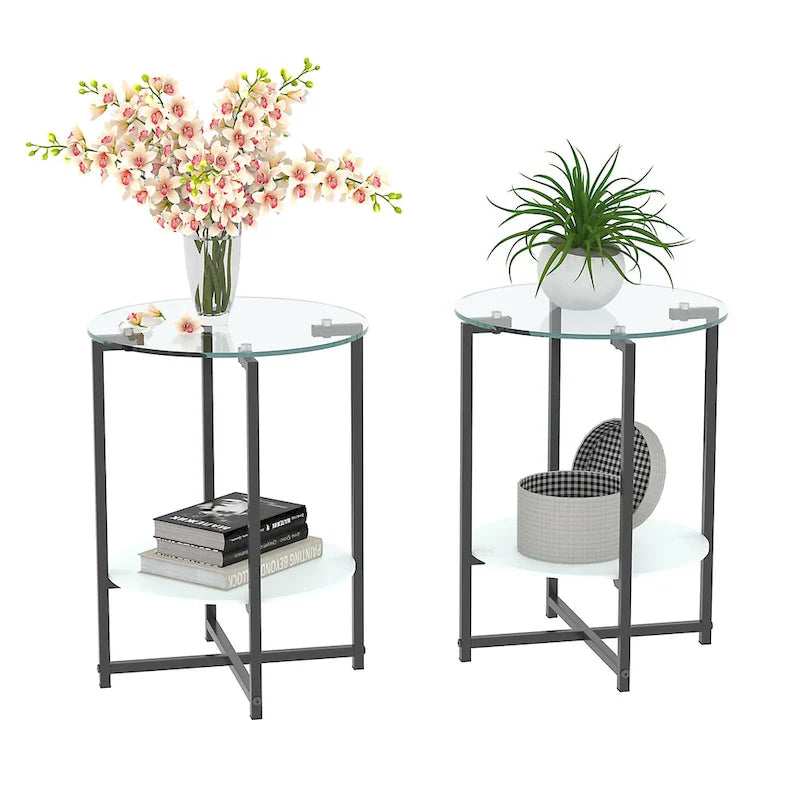 Black 2-Piece Tempered Glass End Table Set - Round Coffee Table for Bedroom, Living Room, and Office 8