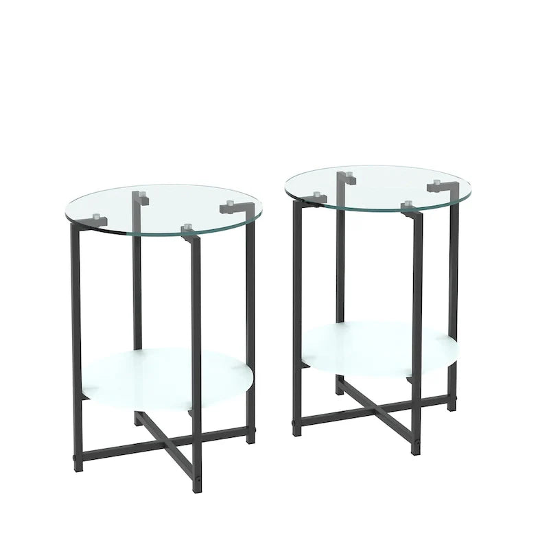 Black 2-Piece Tempered Glass End Table Set - Round Coffee Table for Bedroom, Living Room, and Office 9
