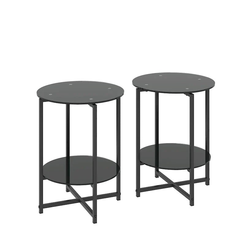 Black 2-Piece Tempered Glass End Table Set - Round Coffee Table for Bedroom, Living Room, and Office 11