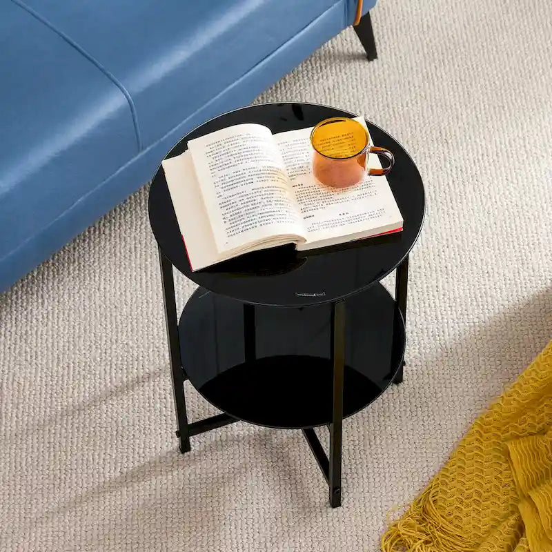 Black 2-Piece Tempered Glass End Table Set - Round Coffee Table for Bedroom, Living Room, and Office 12