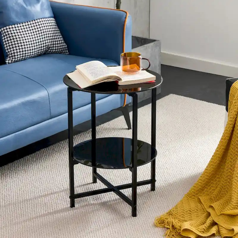 Black 2-Piece Tempered Glass End Table Set - Round Coffee Table for Bedroom, Living Room, and Office 13
