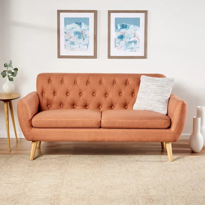 Mid Century Tufted Sofa with Cushioned Seat and Wooden Legs
