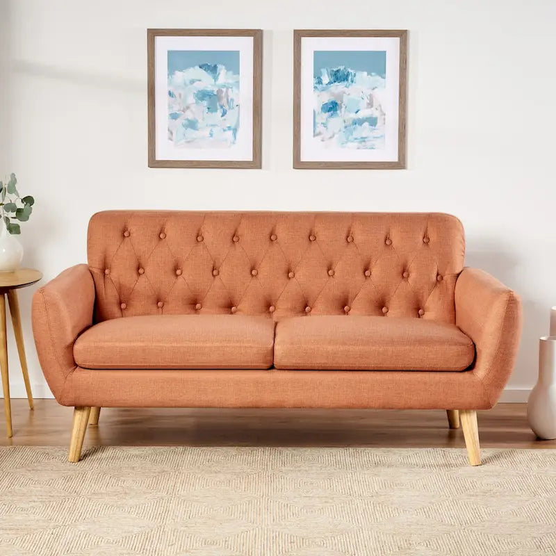 Mid Century Tufted Sofa with Cushioned Seat and Wooden Legs