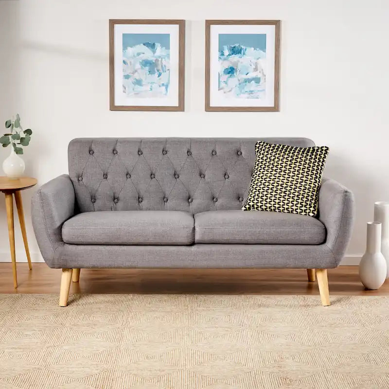 Mid Century Tufted Sofa with Cushioned Seat and Wooden Legs 7