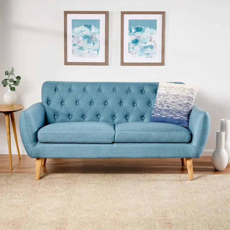 Mid Century Tufted Sofa with Cushioned Seat and Wooden Legs 14