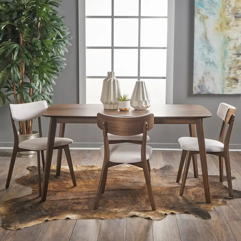 Mid Century Dining Table Set with 4 Upholstered Chairs and Wooden Frame 38