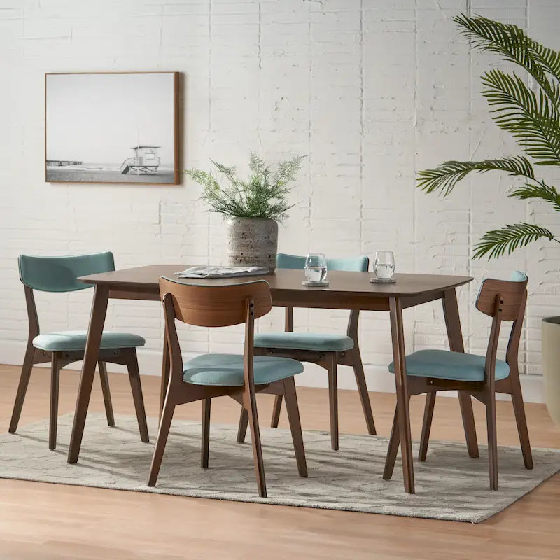 Mid Century Dining Table Set with 4 Upholstered Chairs and Wooden Frame 39