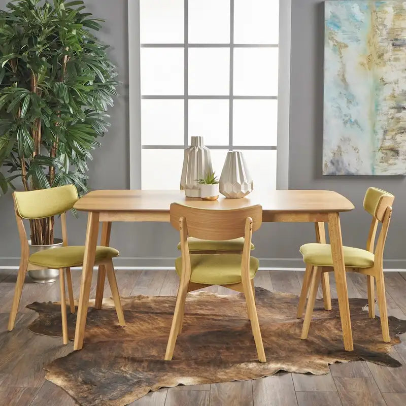 Mid Century Dining Table Set with 4 Upholstered Chairs and Wooden Frame