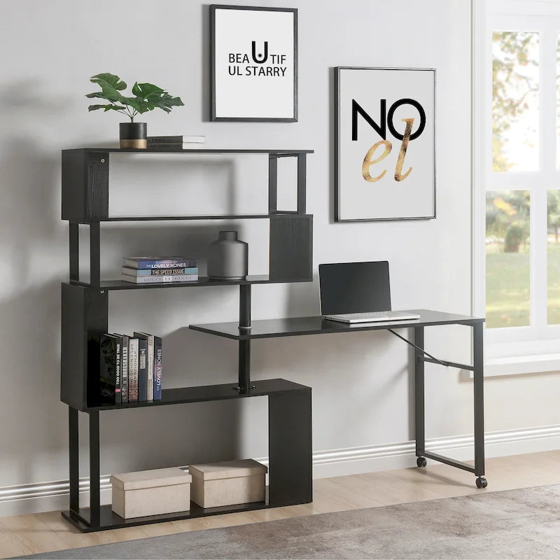 L-Shaped Corner Computer Desk with Rotating Features and 5-Tier Bookshelf for Home Office 19