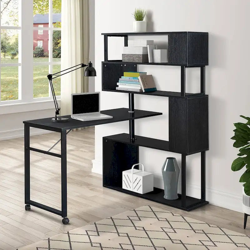Modern Computer Desk with 5-Tier Shelves – Space-Saving Rotatable Workstation