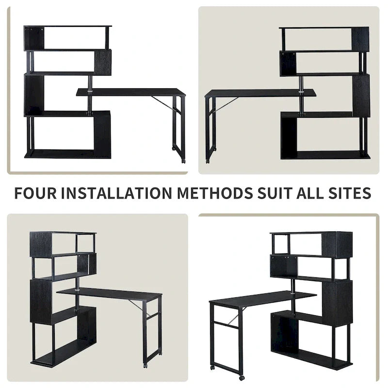 L-Shaped Corner Computer Desk with Rotating Features and 5-Tier Bookshelf for Home Office 5