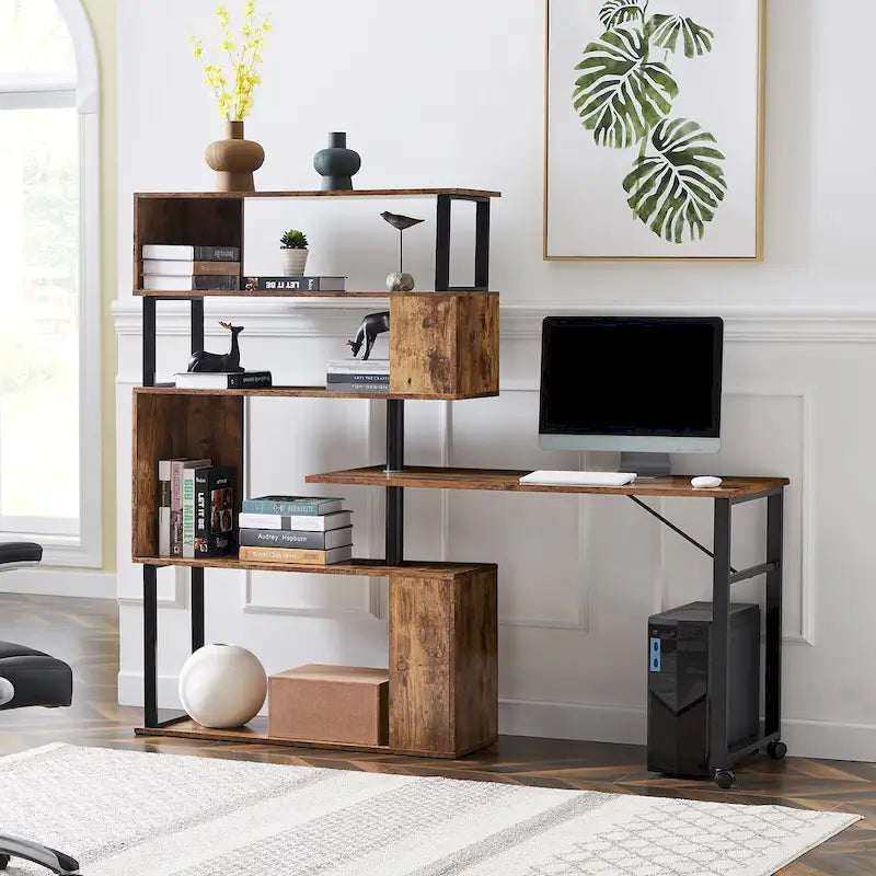 L-Shaped Corner Computer Desk with Rotating Features and 5-Tier Bookshelf for Home Office 10