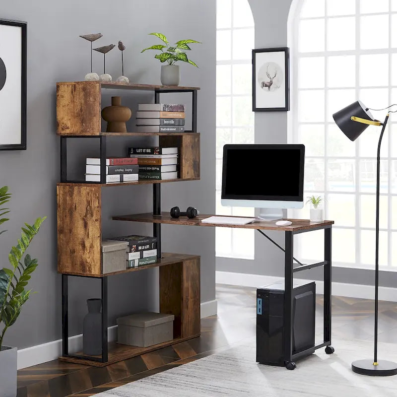 L-Shaped Corner Computer Desk with Rotating Features and 5-Tier Bookshelf for Home Office 11