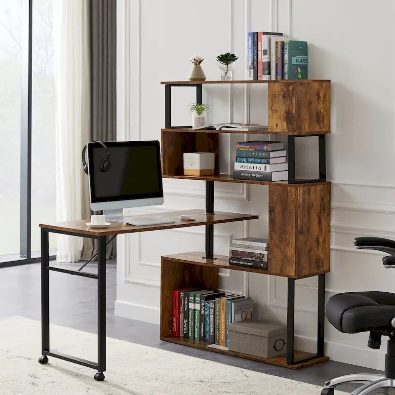 Modern Computer Desk with 5-Tier Shelves – Space-Saving Rotatable Workstation 12