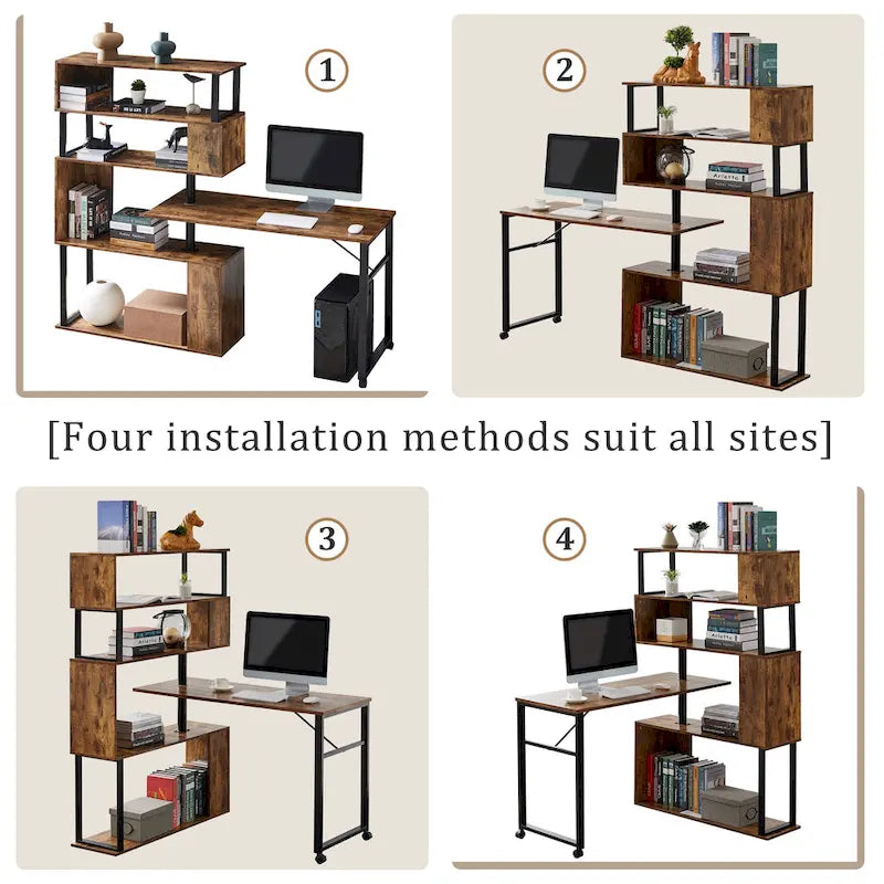Modern Computer Desk with 5-Tier Shelves – Space-Saving Rotatable Workstation 13