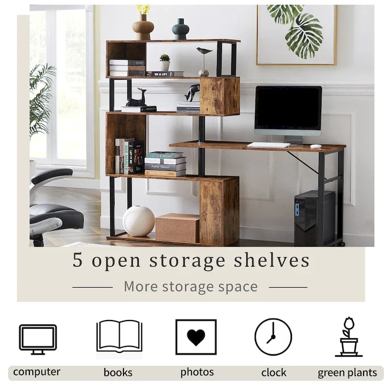 L-Shaped Corner Computer Desk with Rotating Features and 5-Tier Bookshelf for Home Office 16