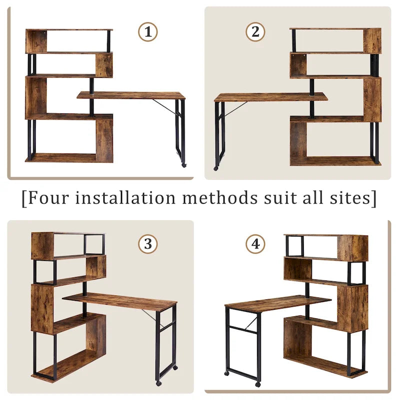 L-Shaped Corner Computer Desk with Rotating Features and 5-Tier Bookshelf for Home Office 17