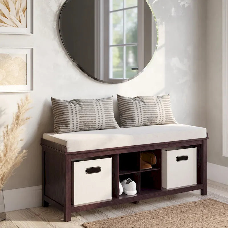 John Louis Home Espresso Solid Wood Entryway Bench with 4 Shoe Cubbies 1