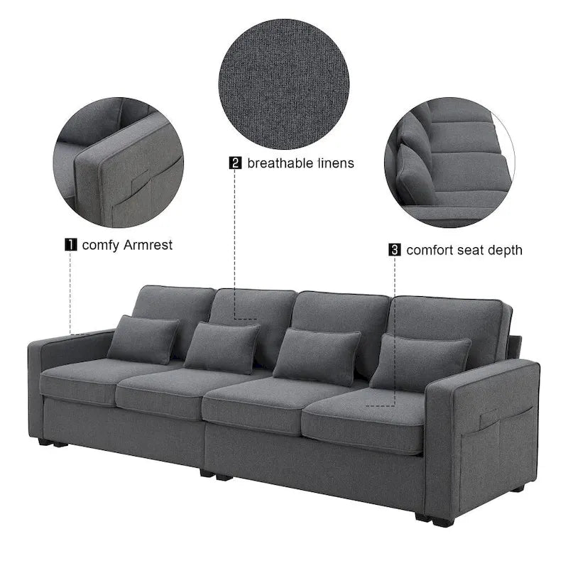 104-Inch Modern Linen Fabric Sofa for 4 with Armrest Pockets and 4 Cushions 2