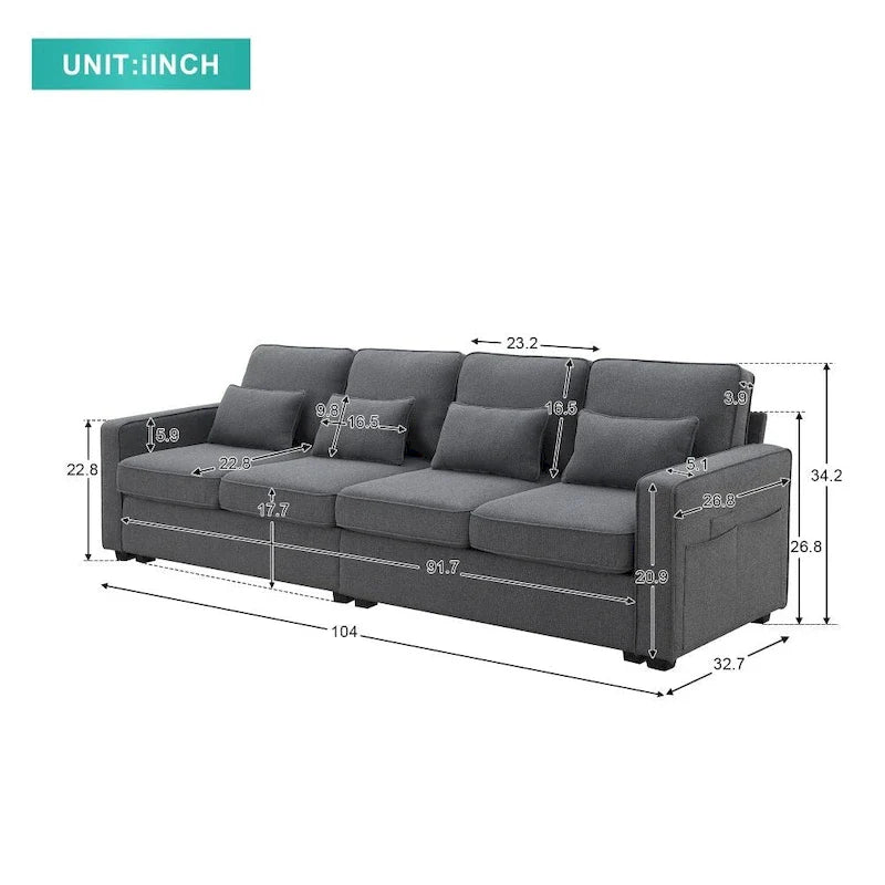 104-Inch Modern Linen Fabric Sofa for 4 with Armrest Pockets and 4 Cushions 3