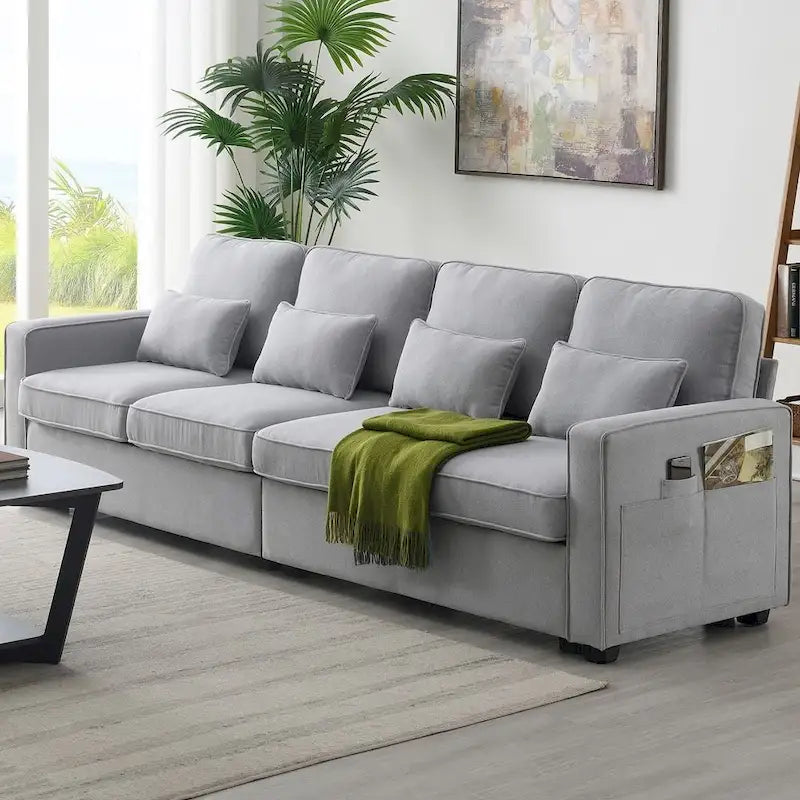 104-Inch Modern Linen Fabric Sofa for 4 with Armrest Pockets and 4 Cushions 6