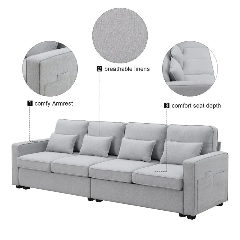 104-Inch Modern Linen Fabric Sofa for 4 with Armrest Pockets and 4 Cushions 7